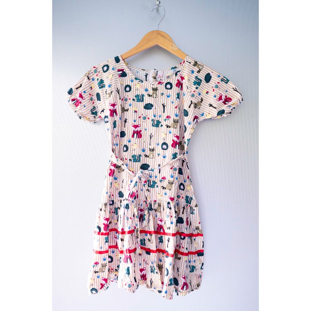 Sunboree Girl's Multicolor Woodland Animal Sun Short Sleeve Tie Belt Dress Sz 14
